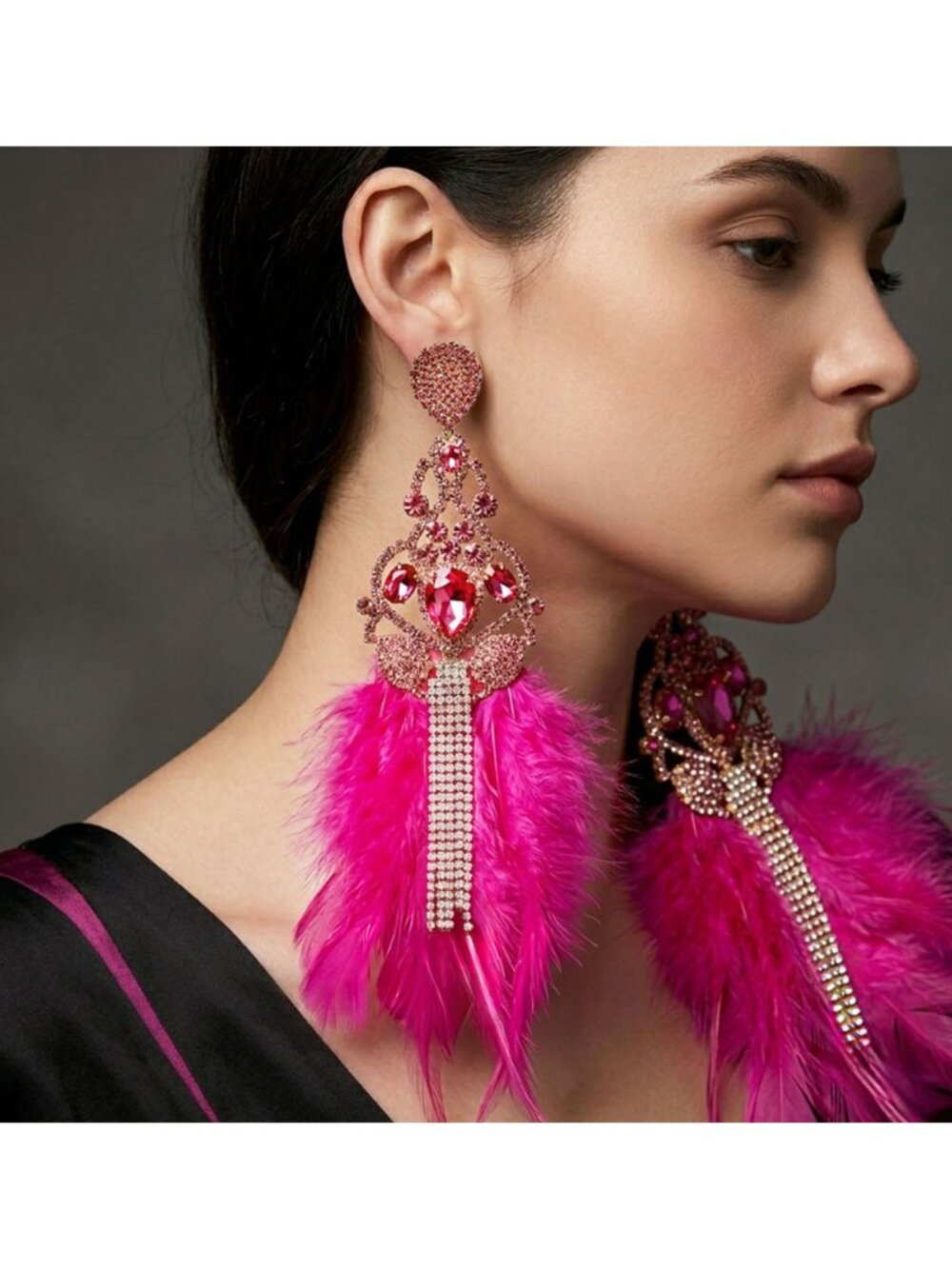 Tigerstars Oversized Teardrop Stone Rhinestone Fringe Feather Statement Earrings